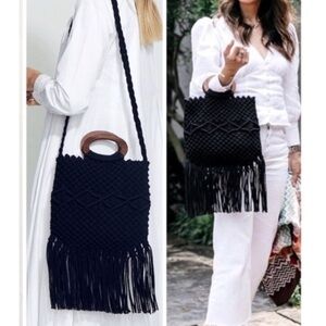 Danielle Nicole Black Macrame with Wooden Handle Handbag